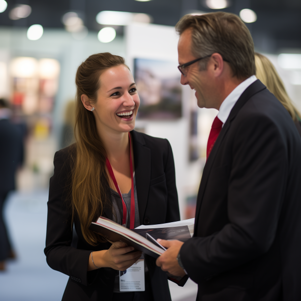 Stockbild - Messe - Gespräch - Mann und Frau unterhalten sich